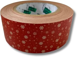 Dino Kraft Water Activated Packing Tapes for Small cartons and Boxes. 5cm x 50mt Packing Tapes. Includes Sponge and Instruction Sheet for Ease of Application. (Red Snowflakes)