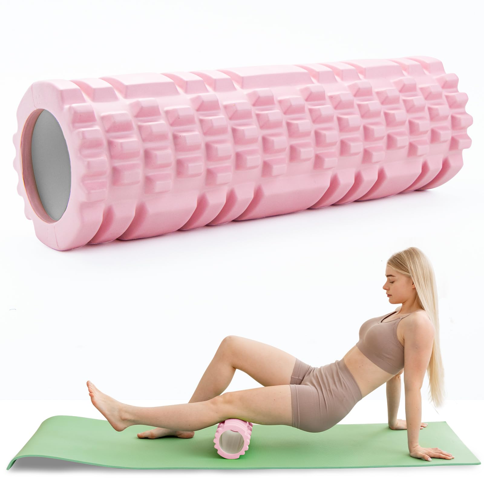 Rouleau de Massage Foam Roller Pilates Colonne Yoga Rose Rouleau de Mousse Multifonction Idéal pour le Renforcement Musculaire le Fitness et le Massage des Fascias, Utilisé à la Maison et au Gymnase.
