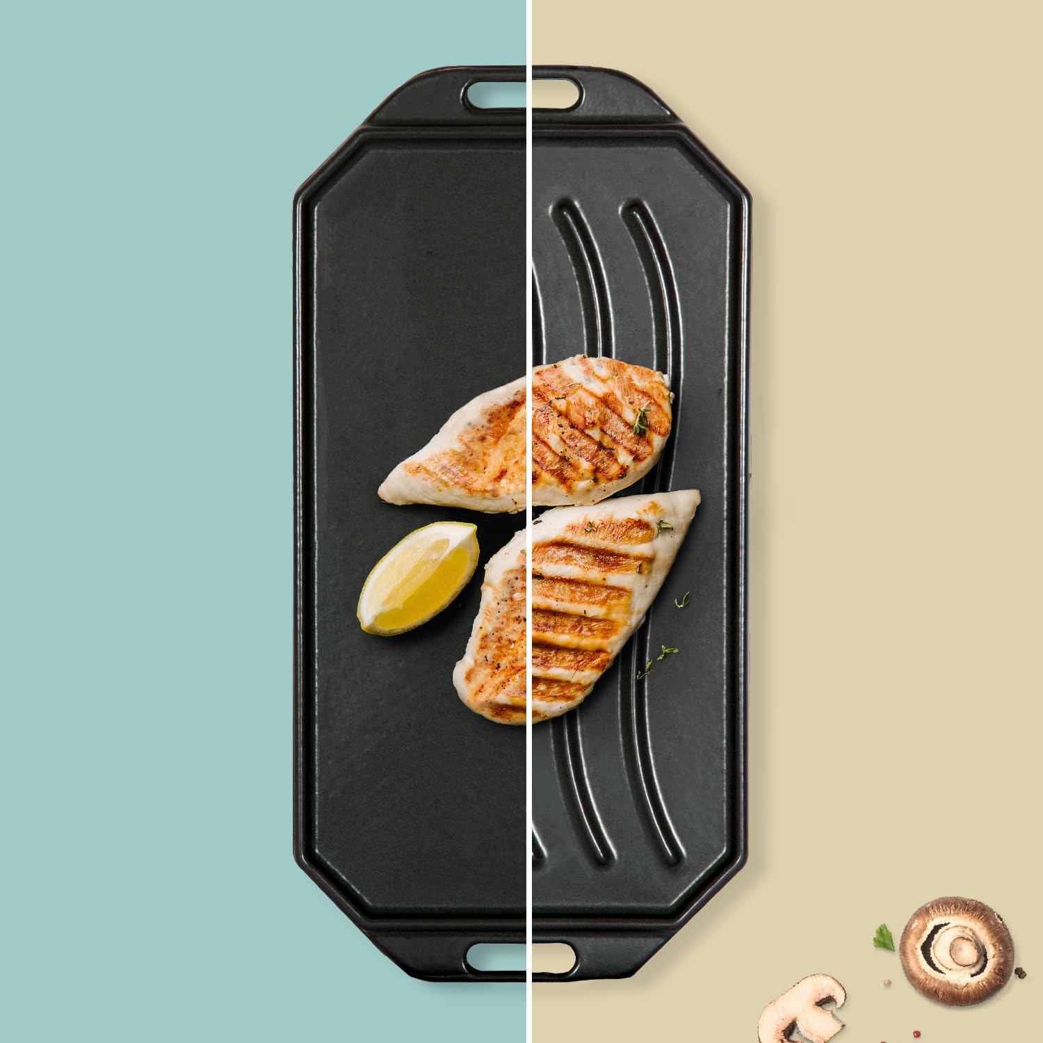 Millarco - Wendbare Gusseisenpfanne mit FSC-zertifiziertem Buchenholztablett, 33x16,5 cm – Abnehmbarer Griff, Zweiseitig für vielseitiges Kochen, LFGB-zugelassen, Black