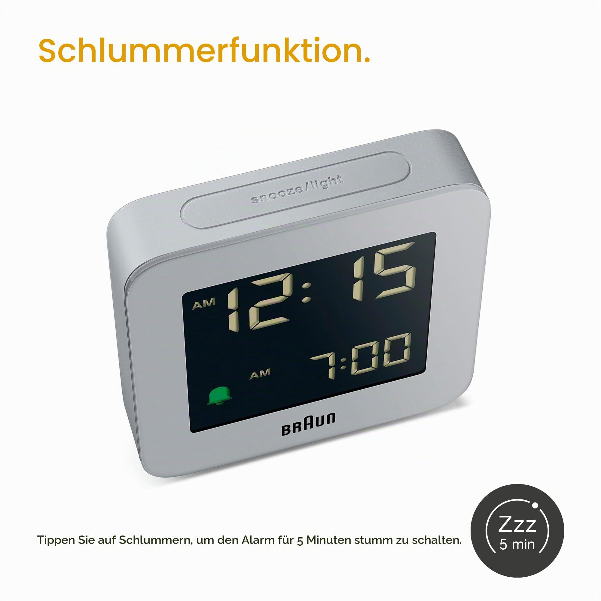 Braun Digitaler Wecker mit Schlummerfunktion, negativem LCD-Display, Schnelleinstellung und anschwellendem Alarm-Piepton in Grau, Modell BC09G.
