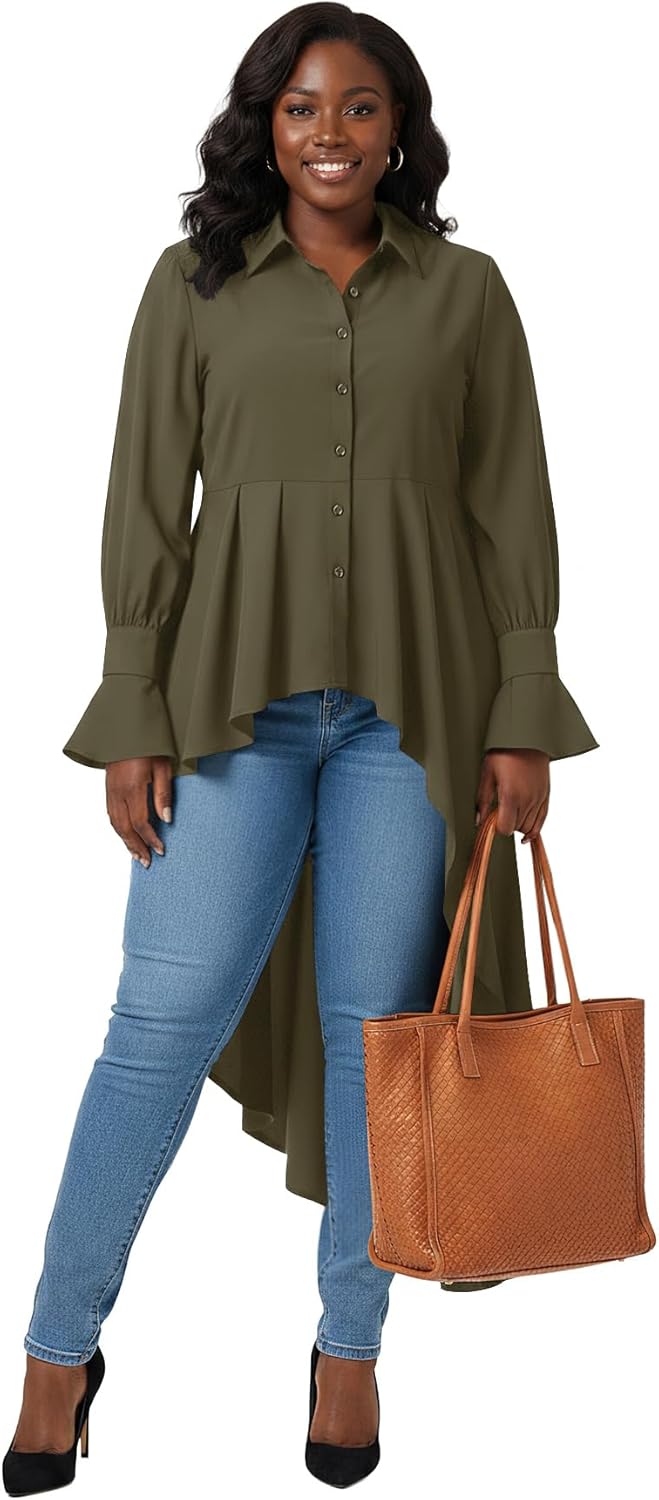 Umenlele Women’s Button Down Long Sleeve Asymmetric Ruffle High Low Hem Blouse Shirt Top - Image 6