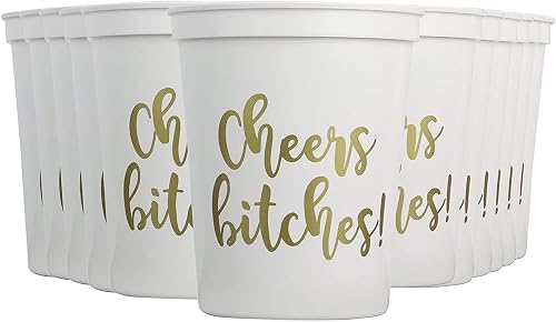 Your Dream Party Shop Plastic Stadium Cups, Set of 12 - Cheers !, Bachelorette Party, Birthday, Bridal Shower, Durable, BPA Free, 16 oz