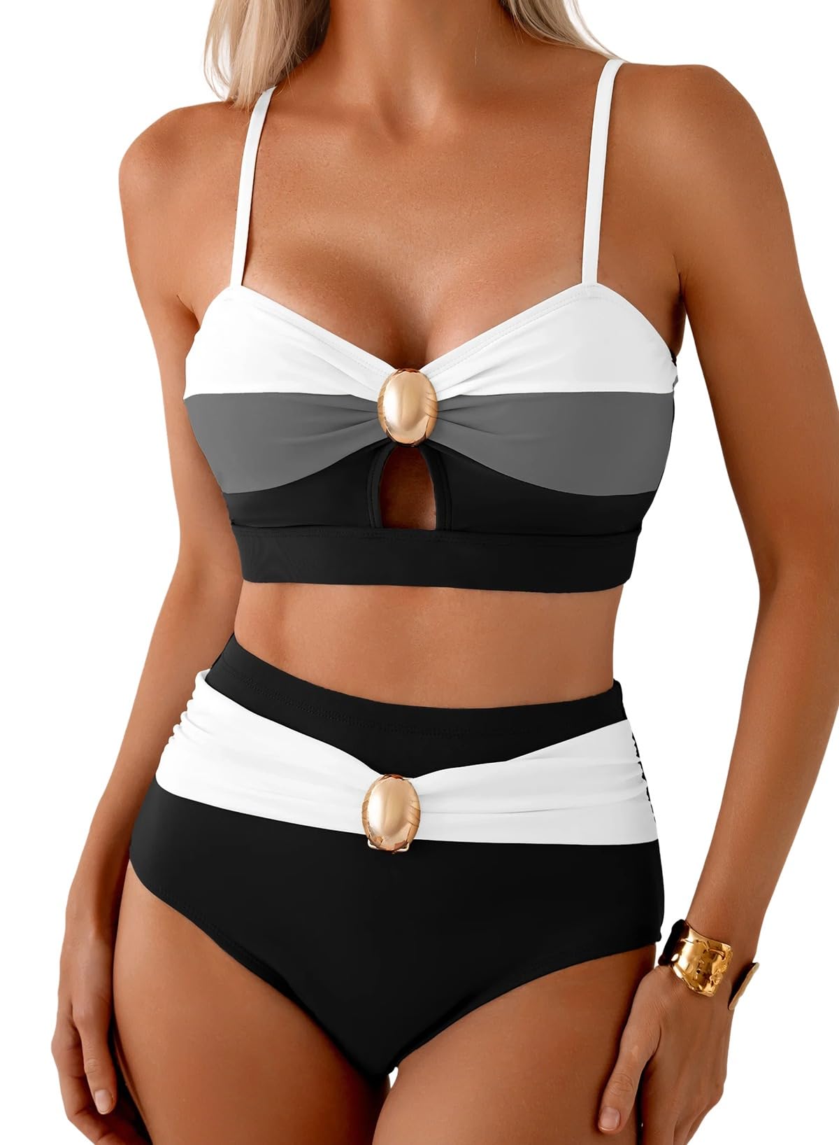 herseas Women's 2 Piece Colorblock Bikini Sets Oval Metal Cutout Swimsuit High Waisted 2026 Beach Summer Swim Bathing Suits-picture-24