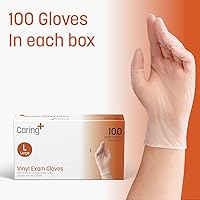 Vista 5 de Caring Vinyl Exam Gloves Powder Free and Not Made with Natural Rubber Latex, Gloves for Medical Use, First Aid, Food Prep