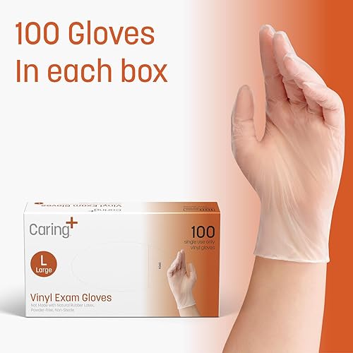 Miniatura 5 de Caring Vinyl Exam Gloves Powder Free and Not Made with Natural Rubber Latex, Gloves for Medical Use, First Aid, Food Prep