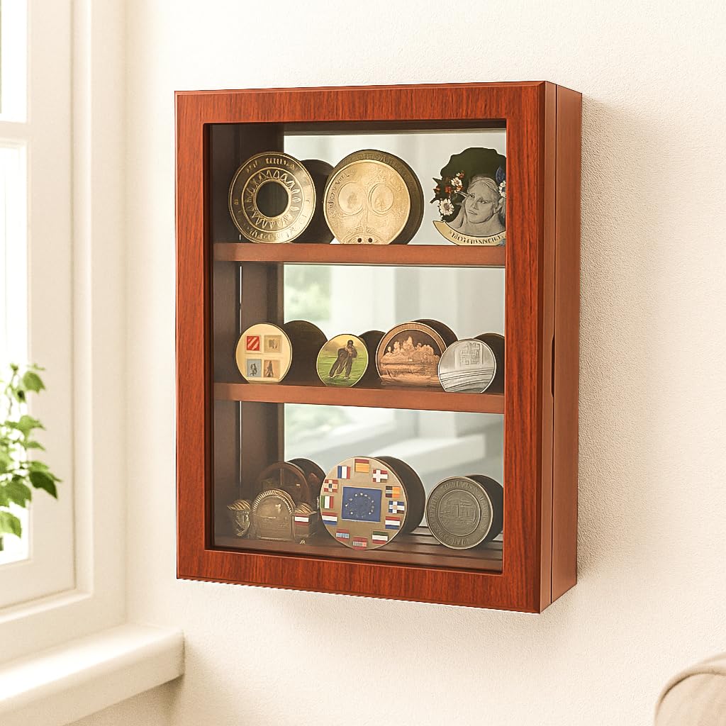 Safe 5992 - Vetrina per medaglie - Vetrina a parete in legno con vetro temperato e retro in specchio - Per placche e riconoscimenti - Finitura mogano - 35 x 27 x 10 cm / 13,8 x 10,6 x 3,9 pollici