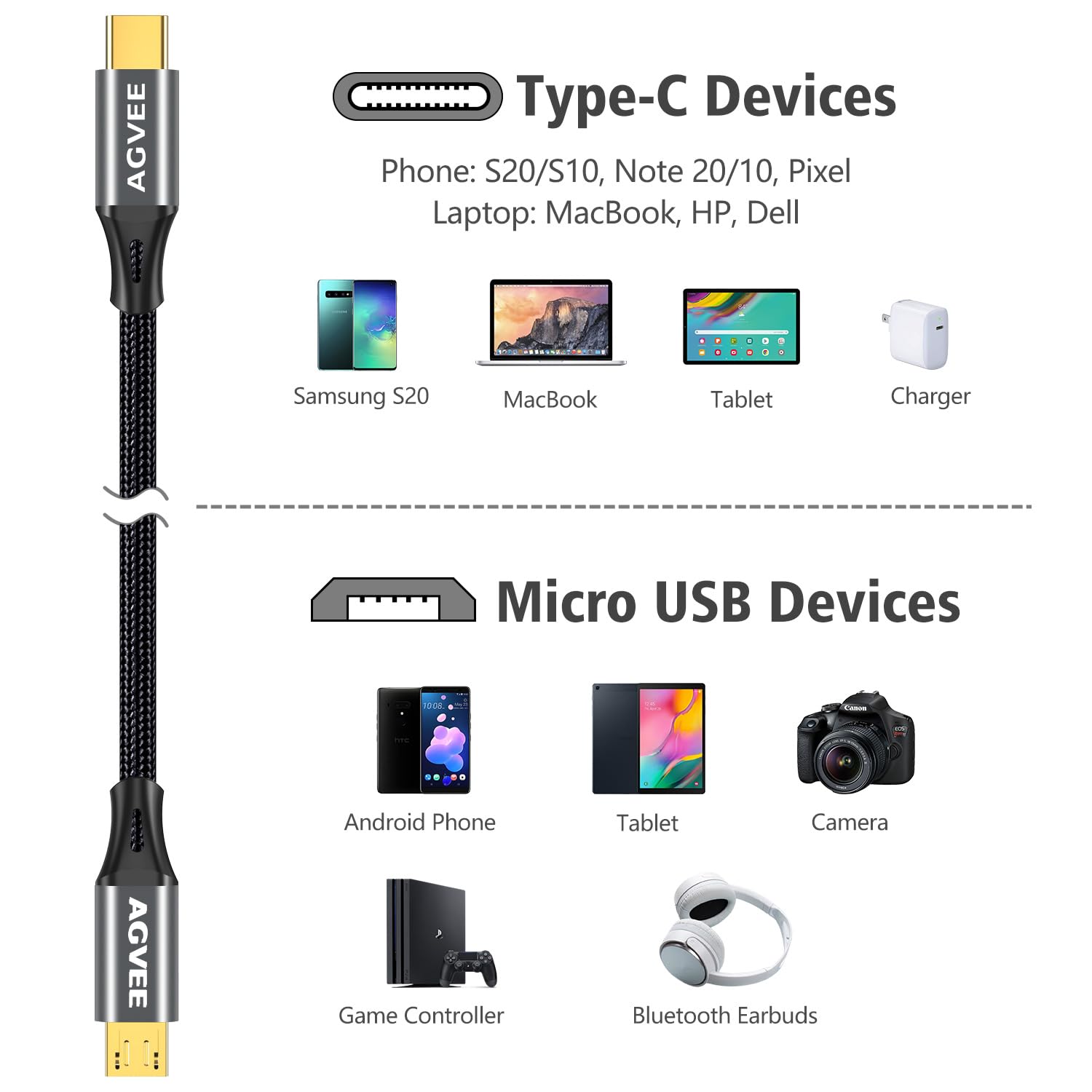 AGVEE Cavo da USB-C a micro USB, 3 m, estremità placcate oro, cavo intrecciato per ricarica e sincronizzazione dati, per dispositivi micro USB, PS4, Kindle, telefoni Android, grigio scuro