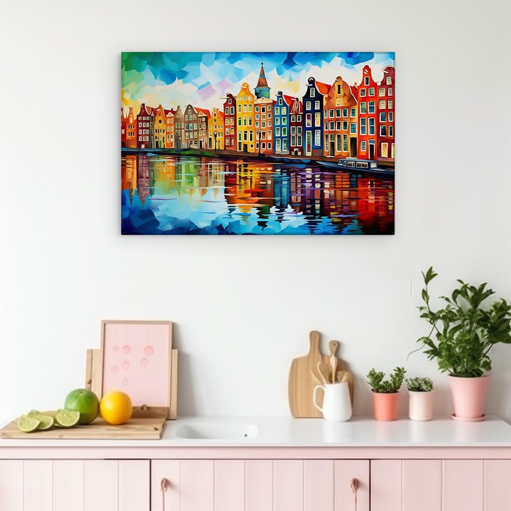 Canvas for Living room. Riverside Hues: An Impressionist Palette of Urban Serenity, 27 x 18 inch Canvas Wall Art - Contemporary Masterpieces - Modern Home Decor