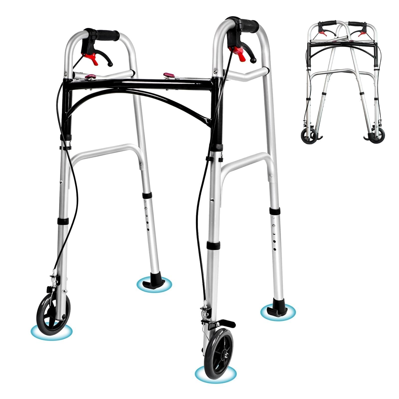 Andador Plegable Portátil Con Ruedas Y Freno De Mano. Ayuda Para Caminar Ligera, Fabricada En Aleación De Aluminio, Para Personas Mayores,Altura Ajustable.