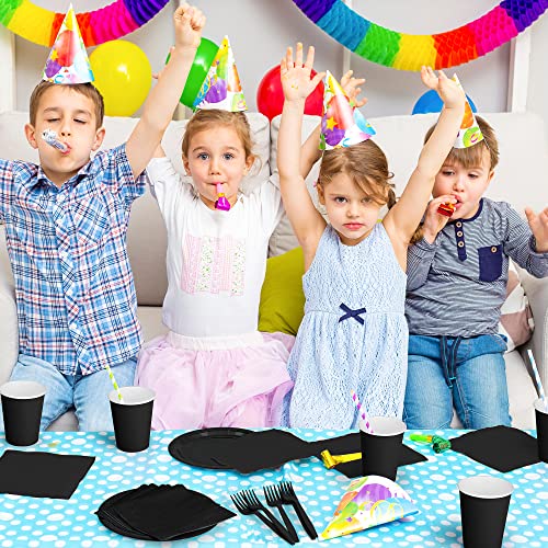 Adxco Serves 24 Complete Party Supplies 9 Inch Dinner Paper Plate Paper Cups Napkins Folks For Birthday Parties, Wedding Holiday Decorations, Black #TOP6