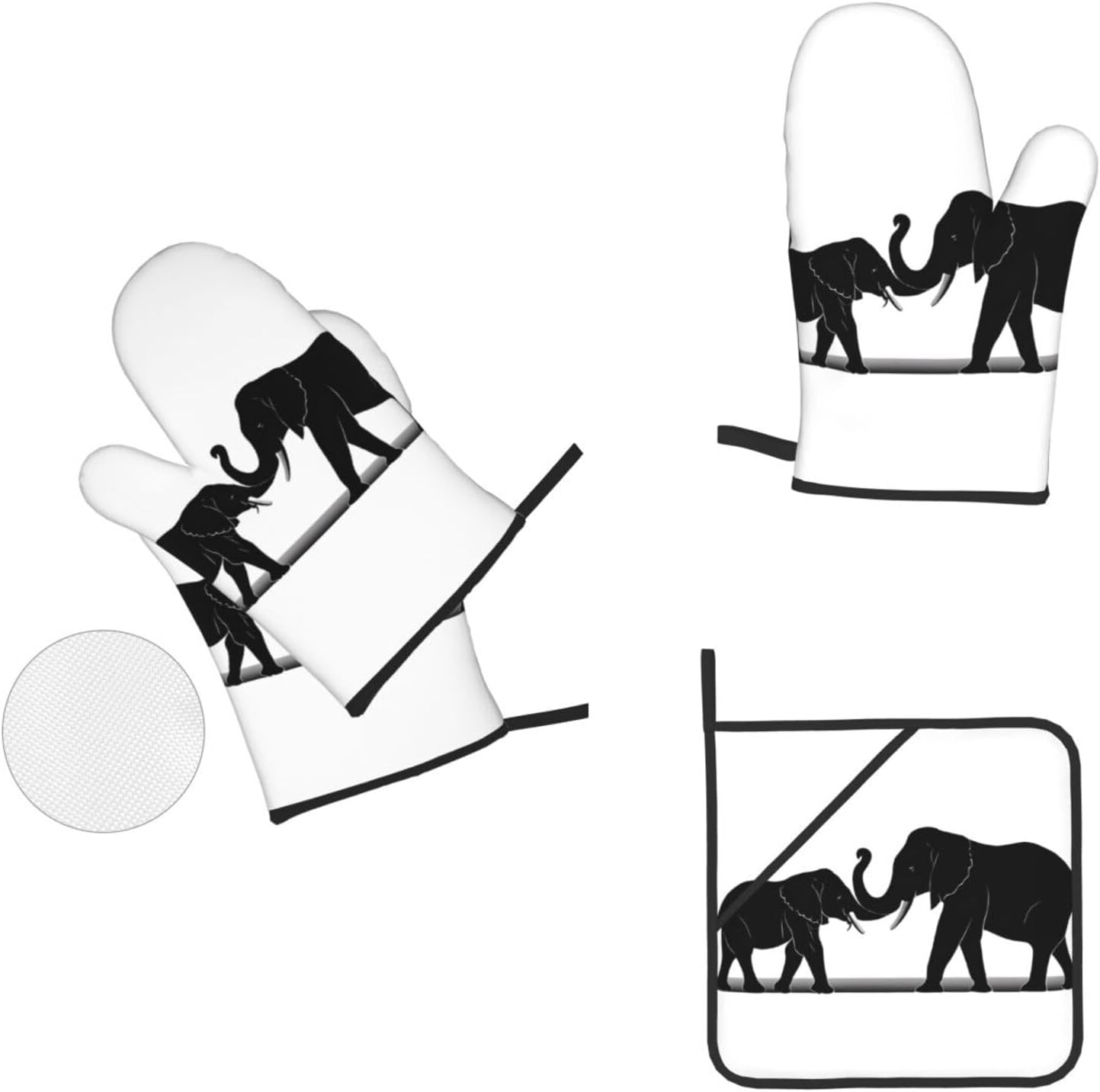 (Old Elephant and Young Elephant) Baking 4-Piece Set: 2 Oven Mitts and 2 Pot Holders Heat Resistant Waterproof Hanging Loop for Kitchen Oven Grill Housewarming Gifts