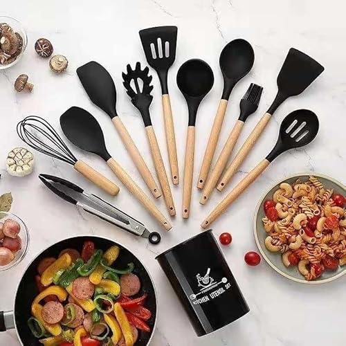 Jogo Utensílios Cozinha Silicone Cinza/Grafite Cabo Madeira Antiaderente Alta Temperatura Kit 12 Peç