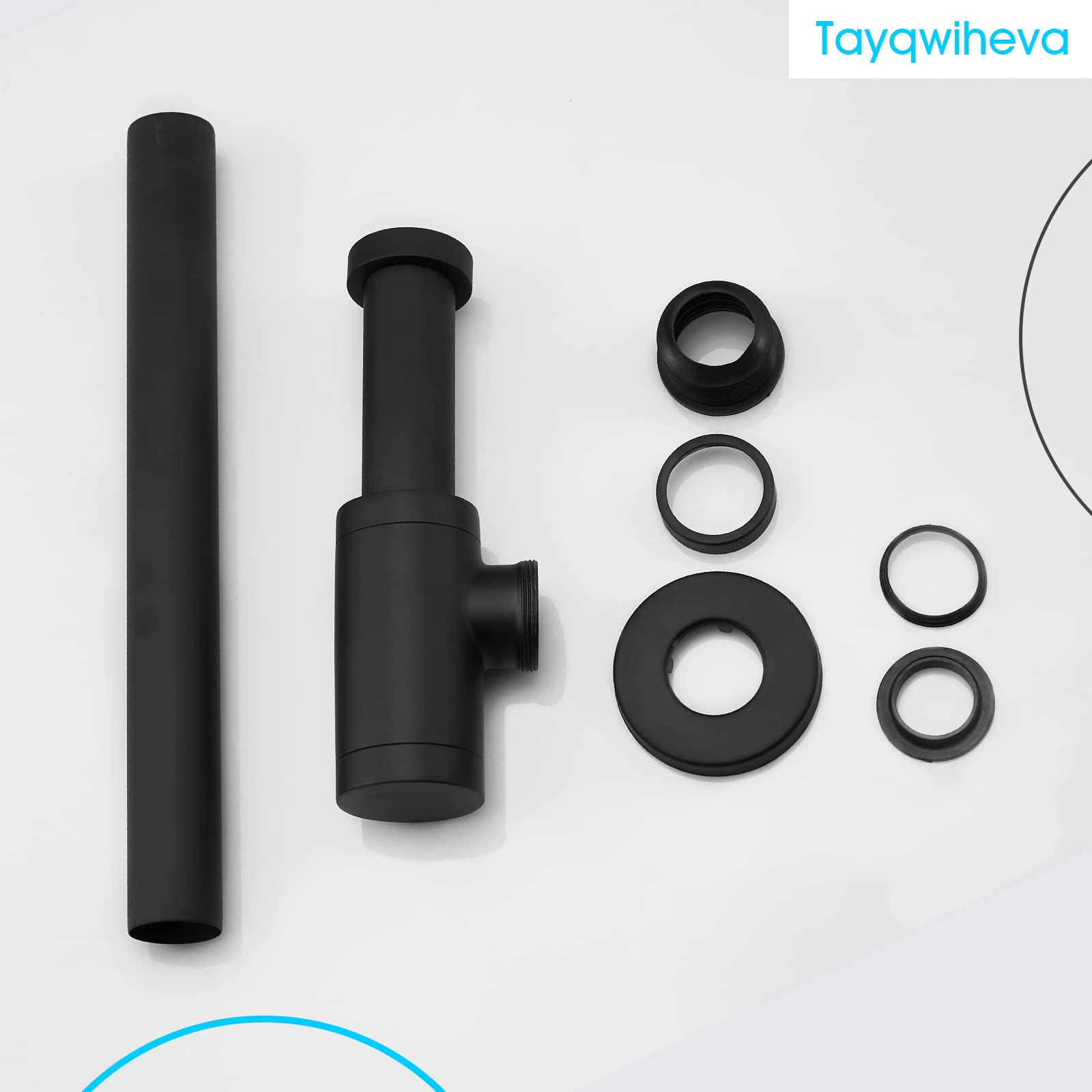 Design Sifón Universal para Lavabo y Fregadero Negro Mate, Accesorio de Desagüe Ajuste Perfecto, Tapón de Olor Redondo con Abertura de Limpieza, Sifón de Diseño Tubular