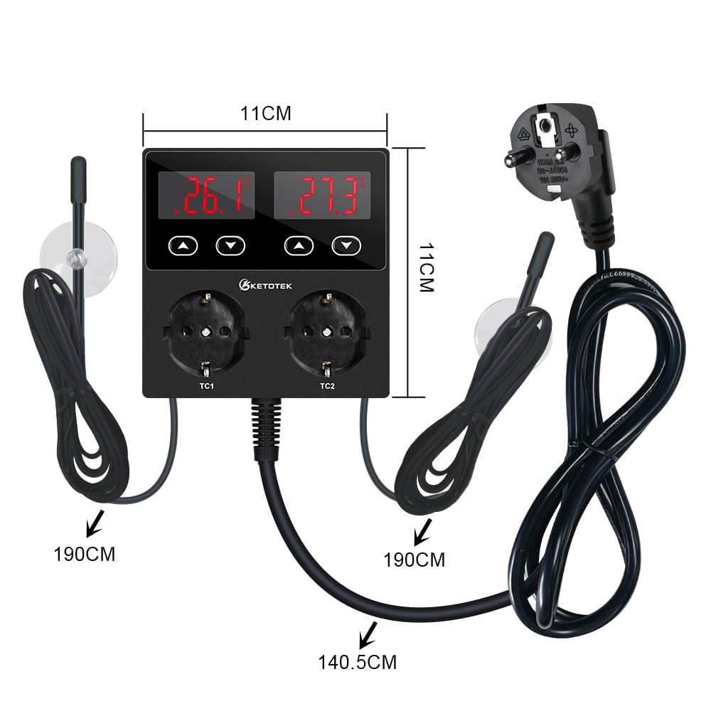 KETOTEK KT99pro Double sortie de contrôleur de température numérique 10A Relais Chauffage Refroidissement Thermostat Prise contrôlée avec capteur pour brassage de reptiles Fermentation | Relais de sortie 10 A, thermostat de prise pour aquarium, brassage d