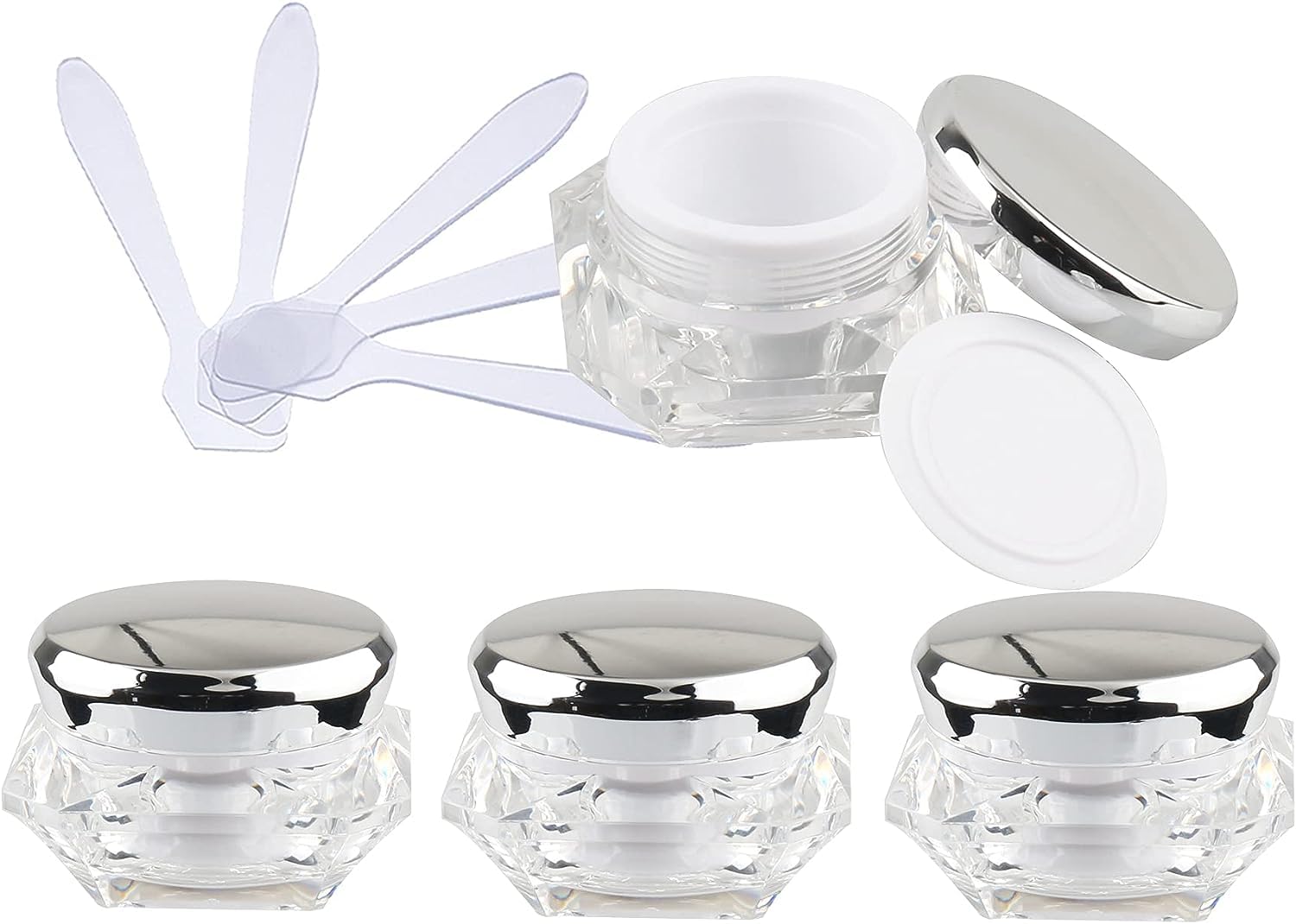 FLYIODFCXV cosmetic jar, Pack of 4, Empty 10 ml Transparent Acrylic Diamond Shape Cosmetic Container with Pink Lids + x Spoon