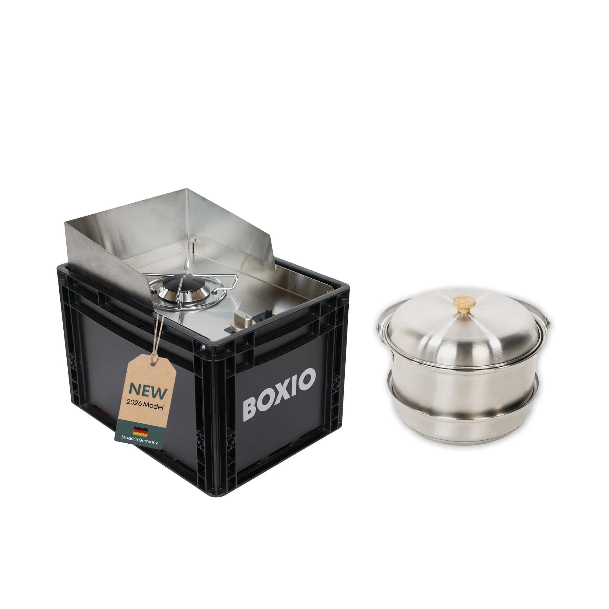 BOXIO - COOK Plus: zestaw startowy kuchenki kempingowej z miejscem do przechowywania, osłoną przeciwwietrzną i kompletem garnków kempingowych, kuchenka gazowa na kartusze do kempingu, outdooru