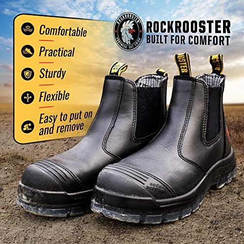 ROCKROOSTER Mens Work Boots, 6 inch Steel Toe, Pull On Safety Leather Chelsea Work Shoes Static Dissipative(AK227, AK222)2