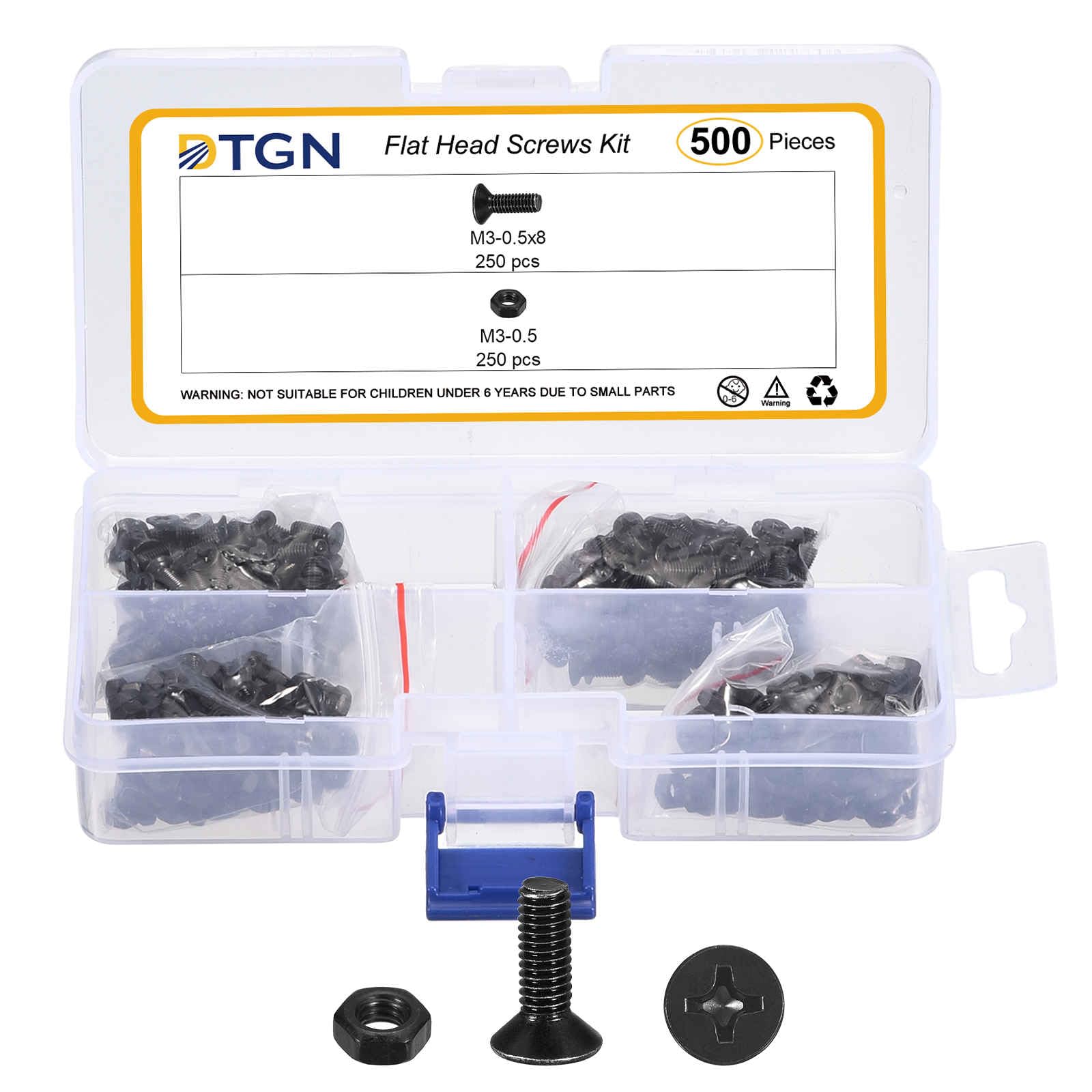 DTGN M3-0.5x8 Flat Head Nuts and Bolts Assortment Kit - 500pcs - Good for Electronics and Machinery - Carbon Steel Phillips Countersunk Machine Screws Set - Black — image 1