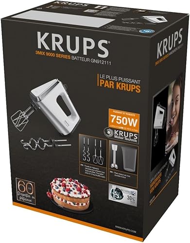 Krups 3 Mix 9000 Handmixer, 750 Watt, Geschwindigkeitsregler, Turbomodus, ergonomischer Griff, Handrührgerät inkl. Schneebesen, Knethaken, Pürierstab-Aufsatz, Messbecher, weiß/silber, GN9121