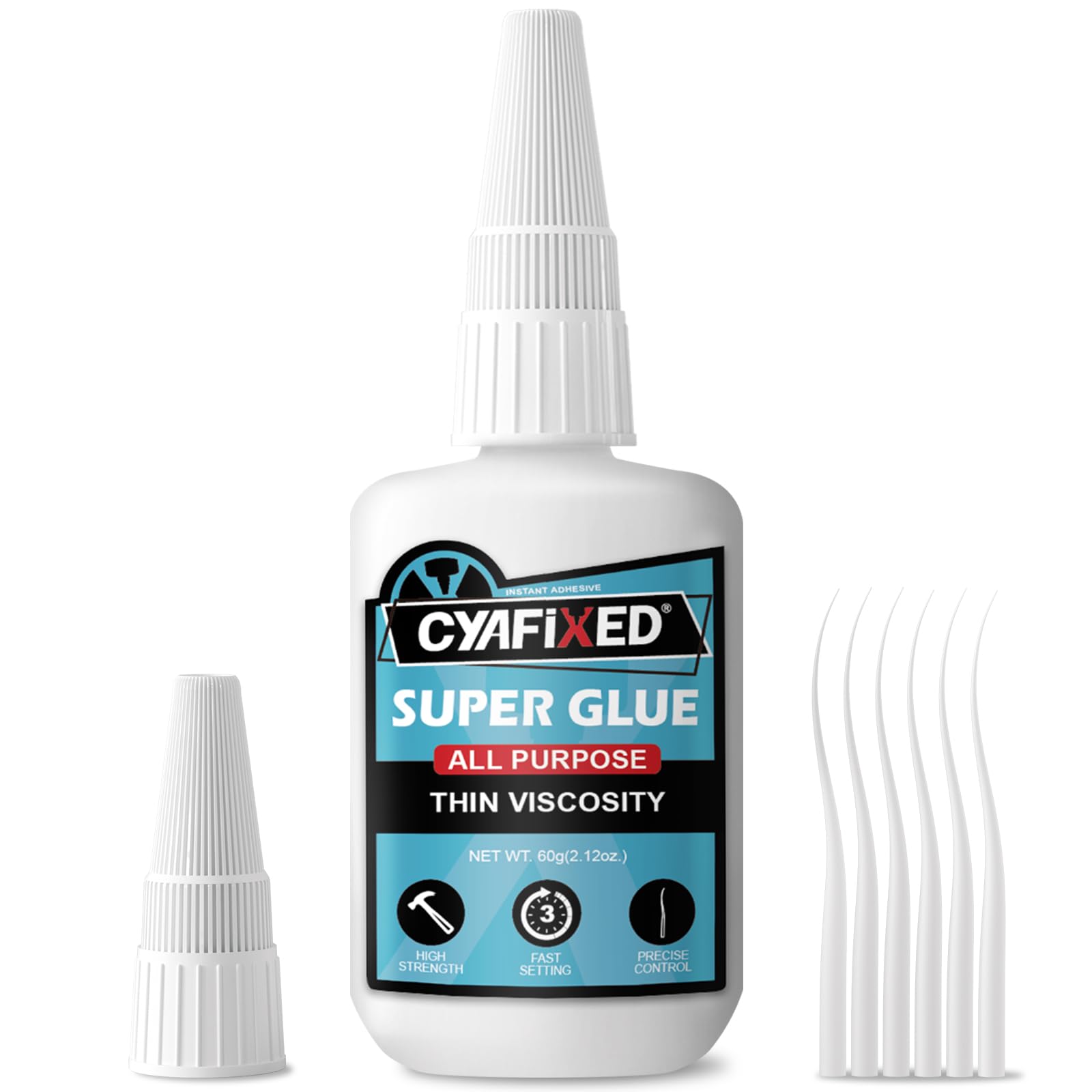 Thin Super Glue Liquid, 56.8 Gram (2 oz) Super Fast CA Glue with Anti-Clog Cap & Microtips, Instant Clear Cyanoacrylate Adhesive for Woodworking