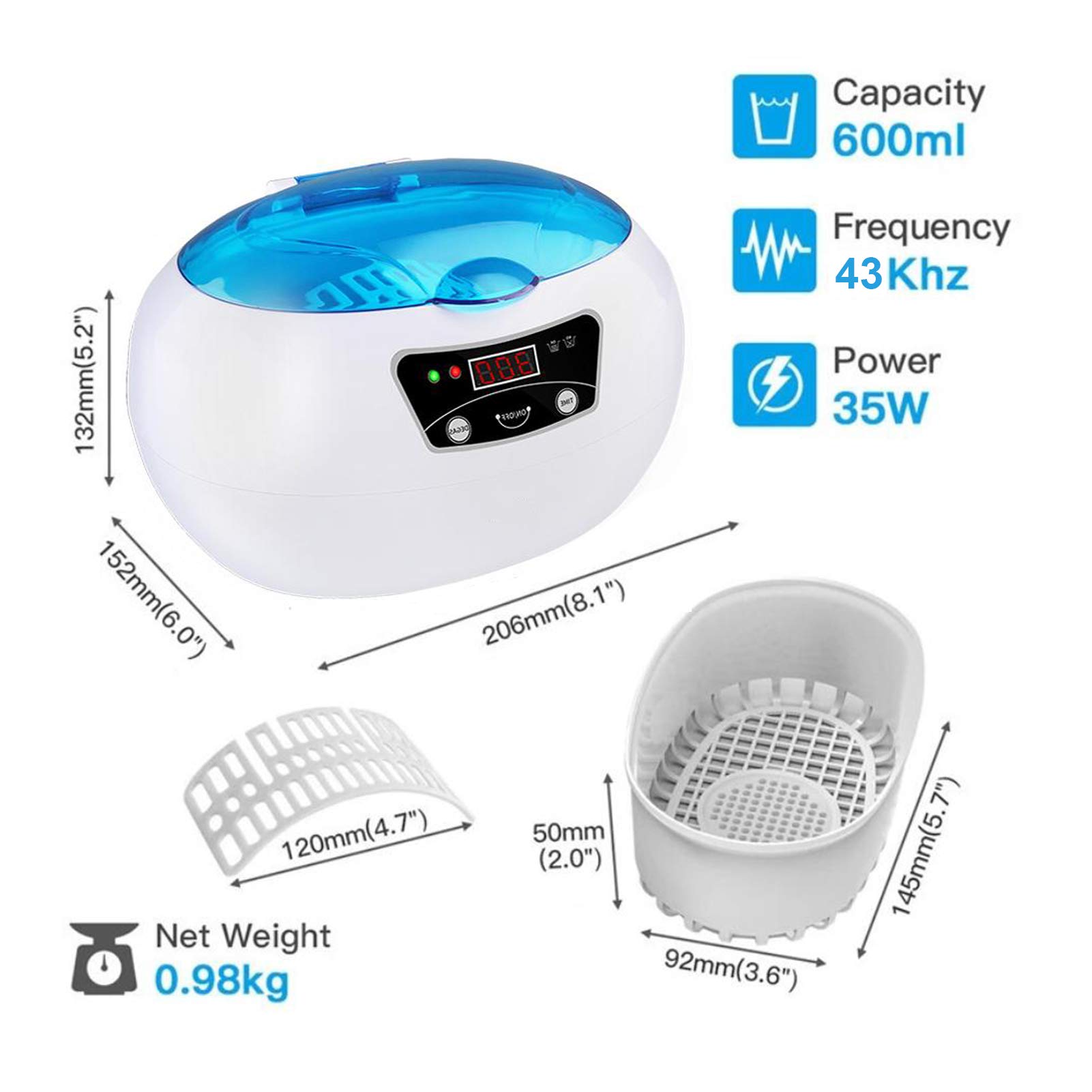 JHM-Limpiador Ultrasónico Gafas Profesional 600Ml,Limpiador de Baño de Joyería Ultrasónico 43Khz con Canasta de Limpieza Soporte para Reloj Temporizador Digital