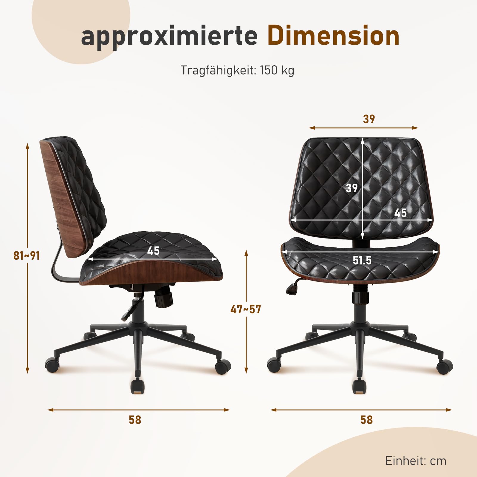 Bürostuhl Schwarz mit Stabiler Holzstützung, Schreibtischstuhl ohne Armlehne, Drehstuhl Büro mit Rollen, Hochwertiger Bürostuhl Leder Optik, Drehsessel für Home Office & Arbeitszimmer