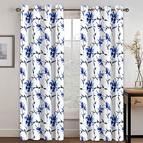 Rideau occultant imprimé fleurs polyester isolant thermique bleu - 2