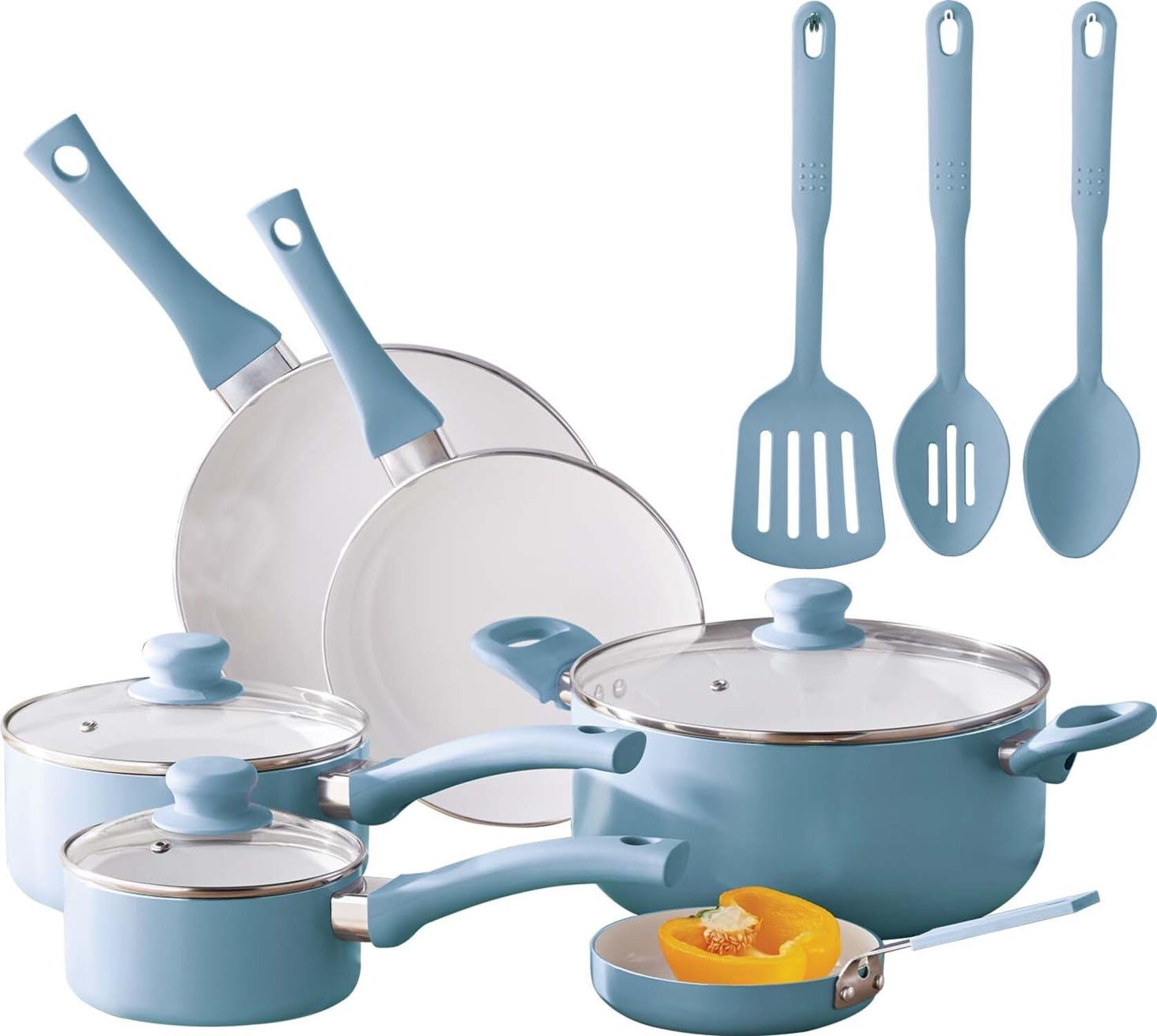 12pc Ceramic Cookware Set, Blue Linen Kitchen,dining & Bar Pans Cookware Home & Garden Cookware Sets Deep Fryer