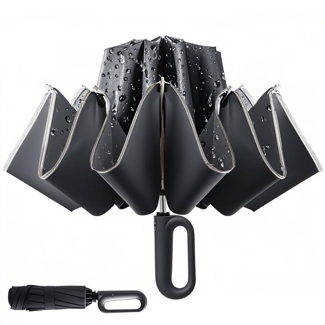 Lussenwert Inverted Umbrella with Carabiner Handle, Wind Proof Umbrellas For Rain and Sun, 46 Inch Portable Reverse Folding Compact Umbrella for Women Men, 10 Ribs(Black, 1 Pack)