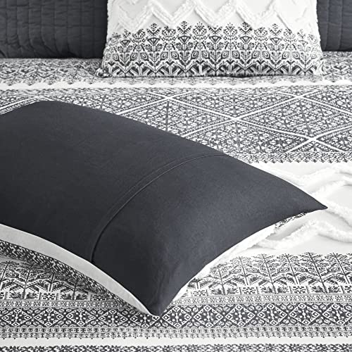 Image of Ink+Ivy Queen Comforter Set, Chic Chevron Chenille Tufting, Boho Comforters, All Season, Lightweight Cotton Comforter Bedding, 2 Shams, Mila, Full Grey 3 Piece