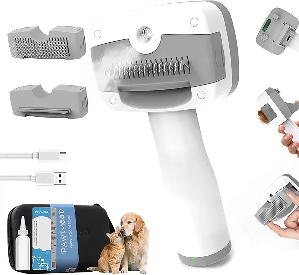 5-in-1 Pet Steam Brush for Dogs & Cats-Self-Cleaning Steam Dog Brush with 3 Swap-in Heads (Grooming, Dematting, Deshedding),Cat Spray Hair Removal Comb,Includes Pet Essence & Storage Case