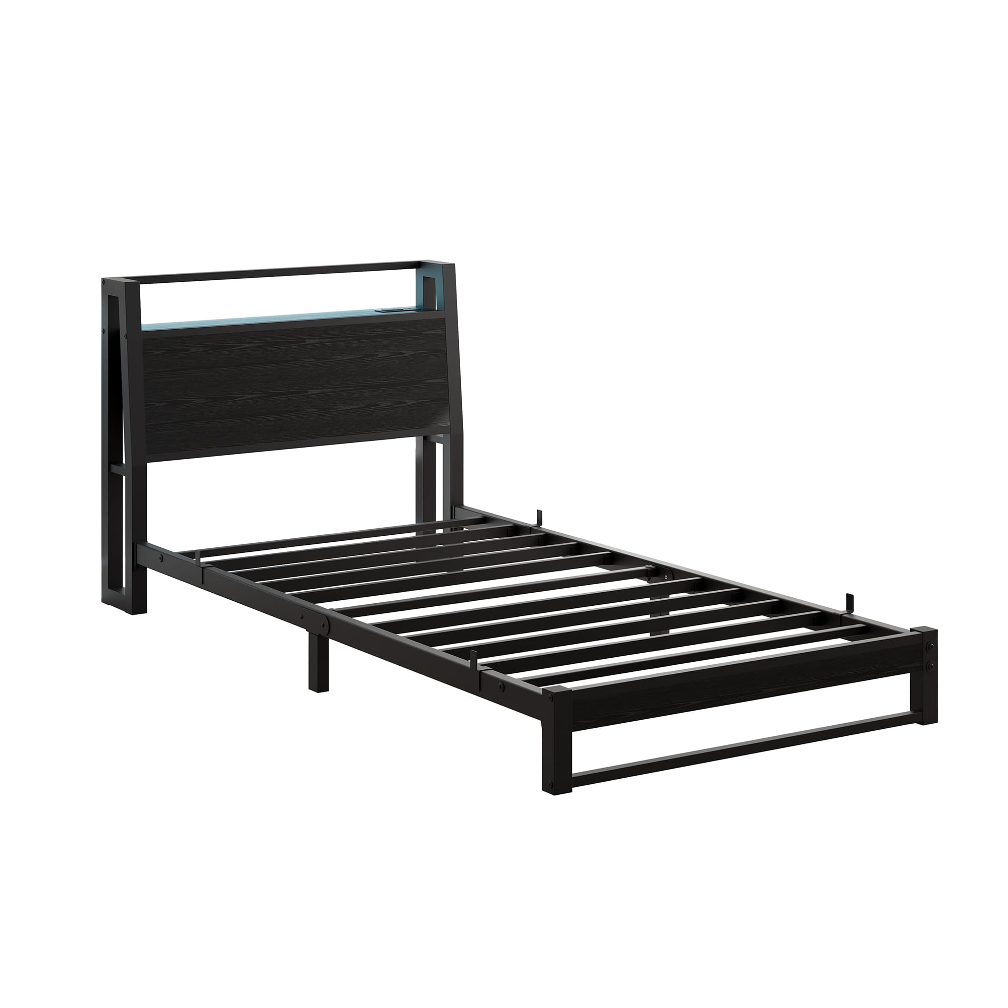 Letto 90 x 200 cm con testiera ergonomica con spazio di archiviazione, letto singolo in metallo, telaio del letto con stazione di ricarica e illuminazione a LED, ideale per camera da letto