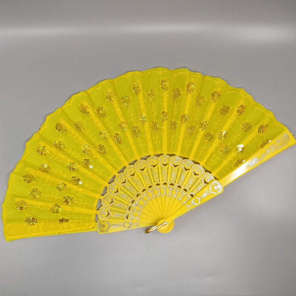 Abanicos de mano grandes de plumas con lentejuelas amarillas para bodas