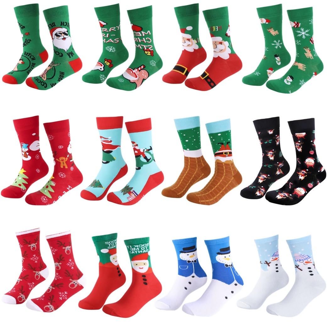 Lot de 12 paires de chaussettes festives de Noël pour femme, Père Noël, bonhomme de neige et rennes