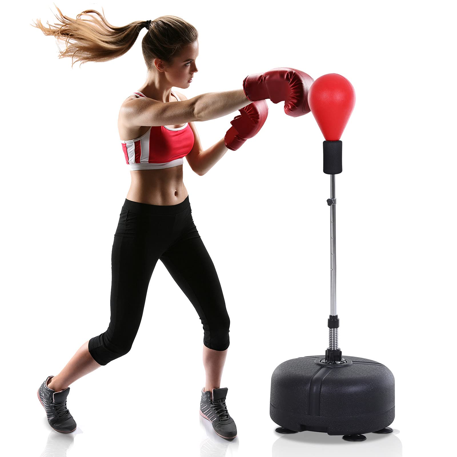 HOMCOM Punchingball mit Ständer, 136-154 cm höhenverstellbar Boxsack, Standboxball mit Boxhandschuhen, für Jugendliche und Erwachsene, für Ausrüstung, Stressabbau, Fitness