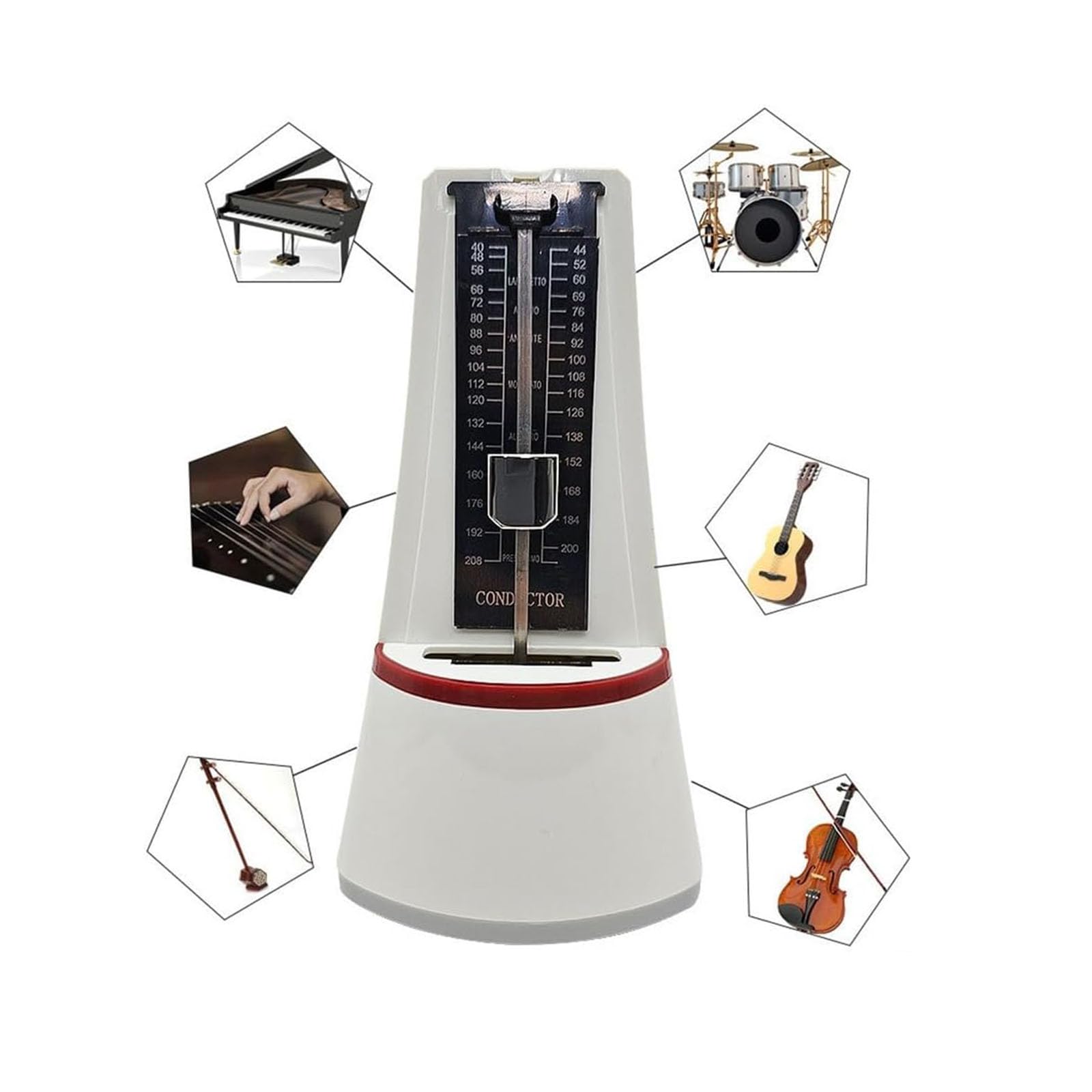 Metronomo meccanico professionale universale, ad alta precisione, per pianoforte, chitarra, ukulele, violino e basso (bianco)