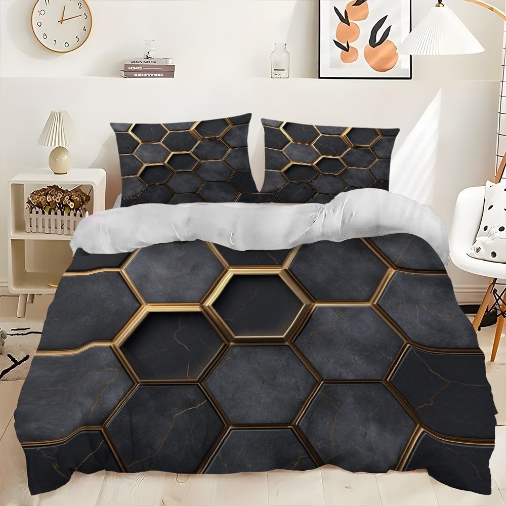 Zestaw pościeli 3D 240 x 220 cm sztuka geometryczna plaster miodu 3-częściowy zestaw poszewek na kołdrę miękka i wygodna czarna mikrofibra poszwa na kołdrę dla dzieci dorosłych