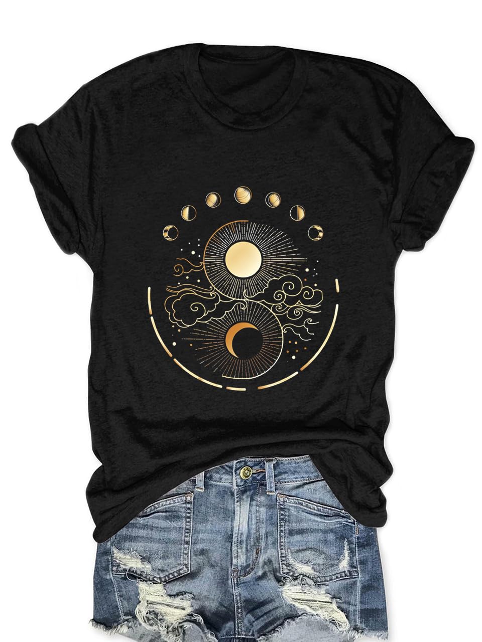 Women Mystical Moon and Sun Flower Shirt Vintage Wildflower T Shirts Boho Graphic Tees Short Sleeve Celestial Moon Tops