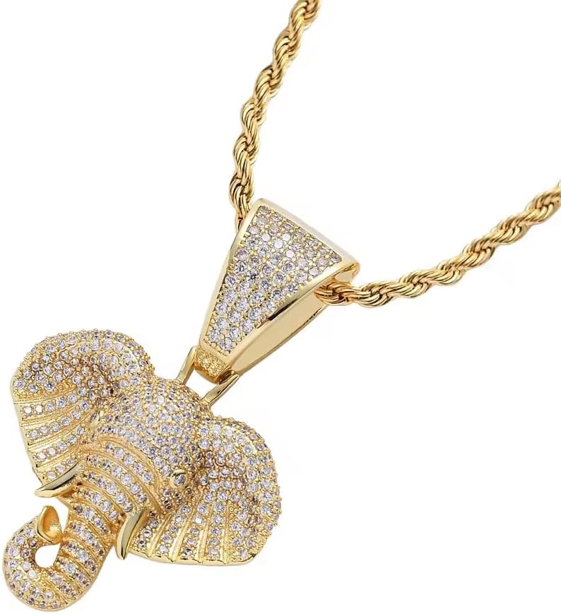 DINESH STORES 925 Sterling Silver Necklace with Elephant Head Pendant, 1 Carat Round Cut Diamond Pendant Necklace Good Luck Jewelry For Women and Men, 18 inches