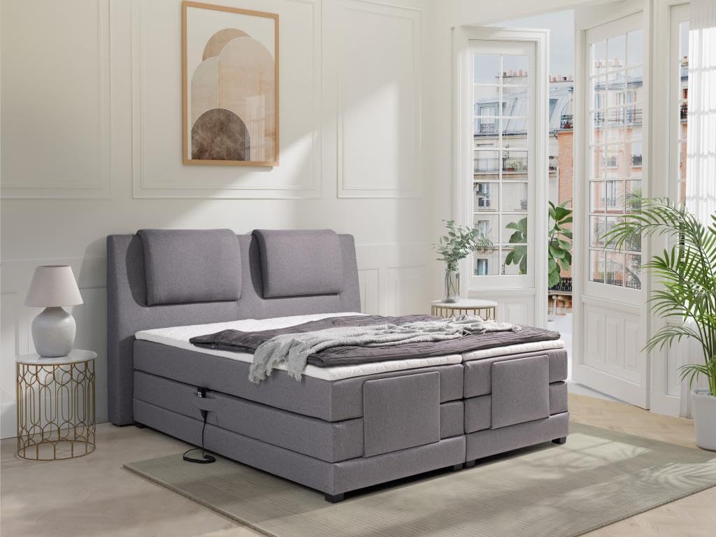 Vente-unique-Ensemble Complet boxspring tête de lit + sommiers Relaxation électrique + Matelas + surmatelas - 2 x 80 x 200 cm - Tissu - Gris Clair - Castel II de Palacio