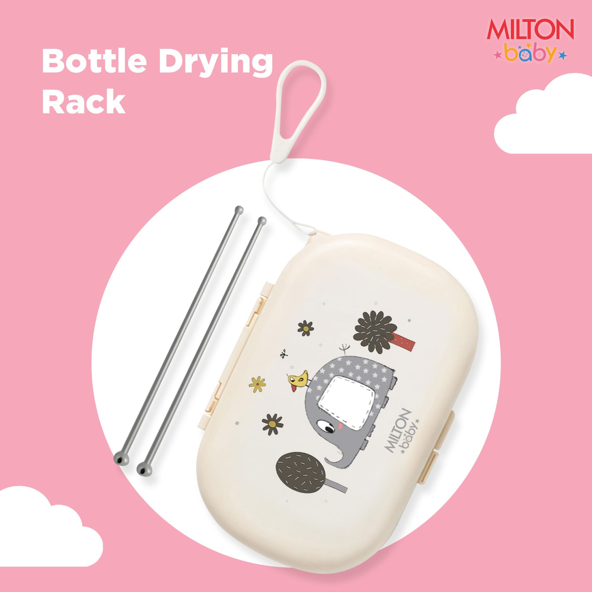 Milton Baby 5-in-1 Travel Bottle Cleaner Kit I Bottle, Nipple & Straw Cleaner I BPA Free - Food Grade Silicone Brush,Compact Soap Dispenser,Drying Rack,Home And Travel Essential, Elephant Print, Cream 4