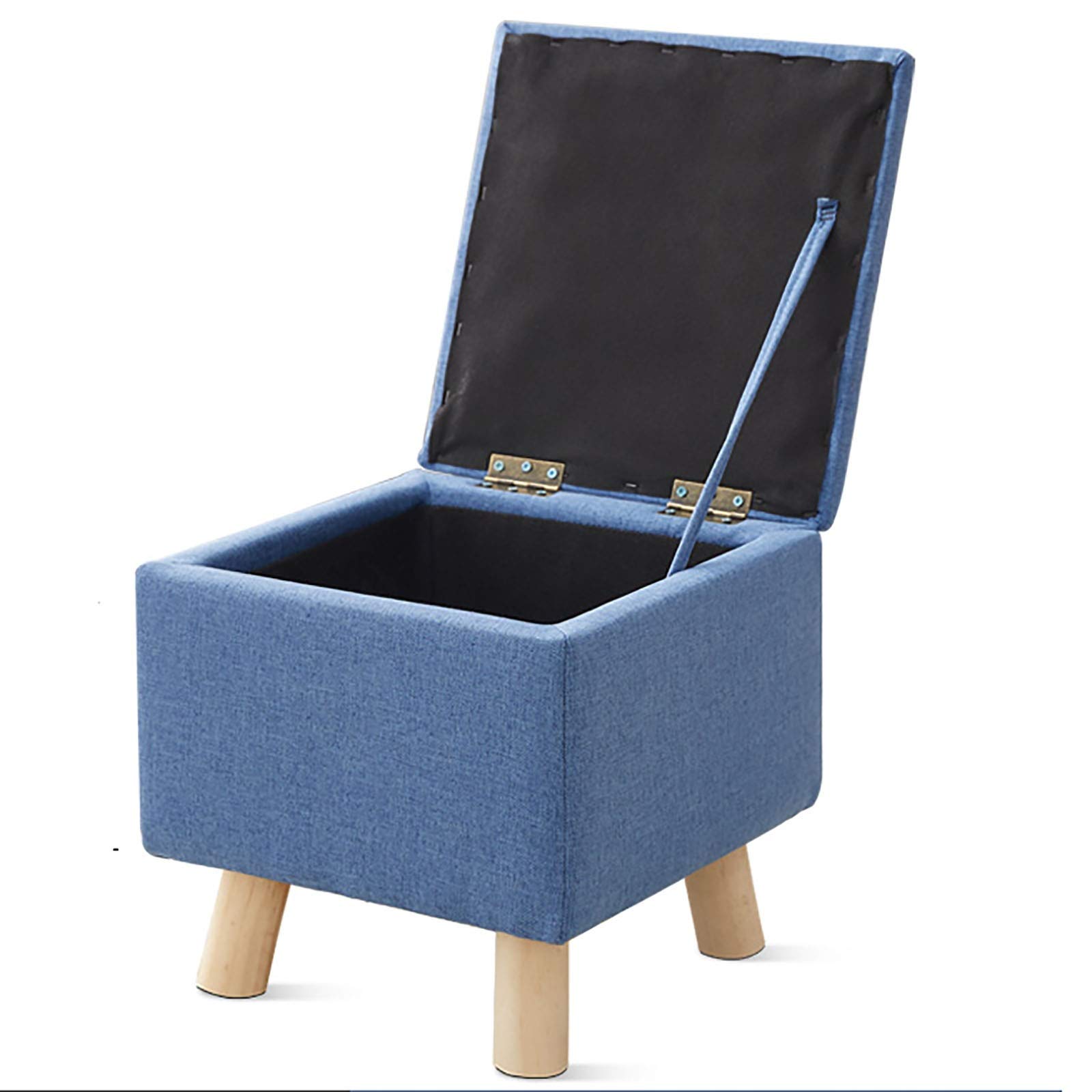 LMMIAOZ Folding Storage Box with Wooden Legs Linen Foot Stool Pouffe Footstool with Highly Elastic Sponge Filling Blue 33x33x33cm