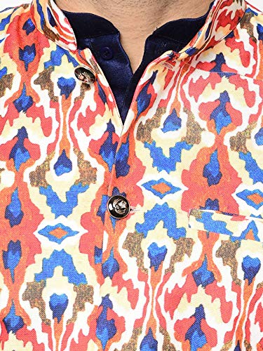 Image of SAIFOO Men's Silk Navy Blue Kurta Pyjama & Printed Nehru Jacket