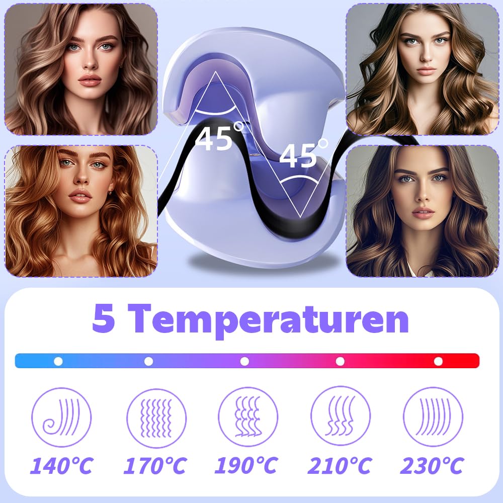 Welleneisen Für Haare, 32mm Lockenstab Große Locken, French Wave Lockenstab, 5 Einstellbare Temperaturen, V Förmiger Welleneisen Große Wellen, Mermaid Hair Waver, für Lange/Kurze Haare (Lila)
