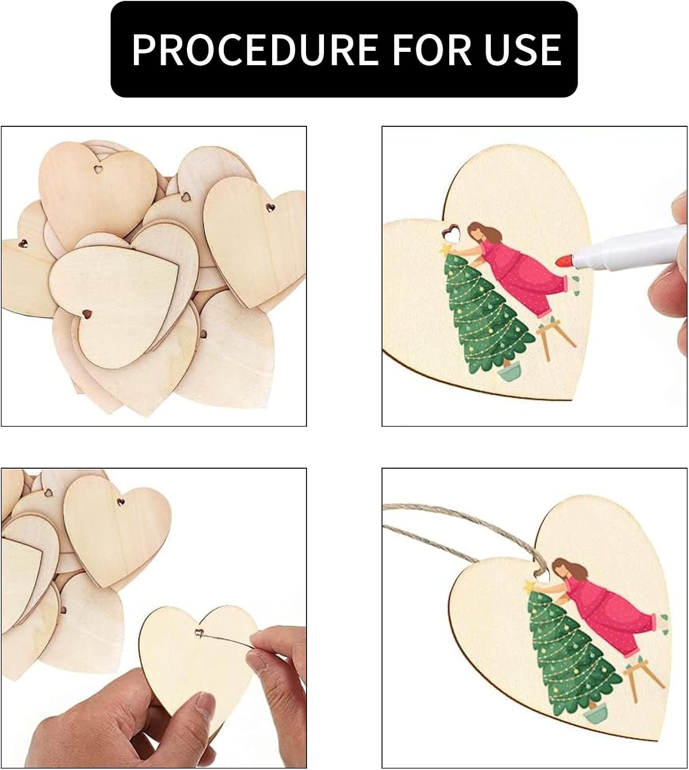 50 Pieces of Wooden Hearts with Natural Twine,3" DIY Ornaments Unfinished Predrilled Wooden Heart Embellishments for Valentine's Day, Wedding, Thanksgiving, Christmas