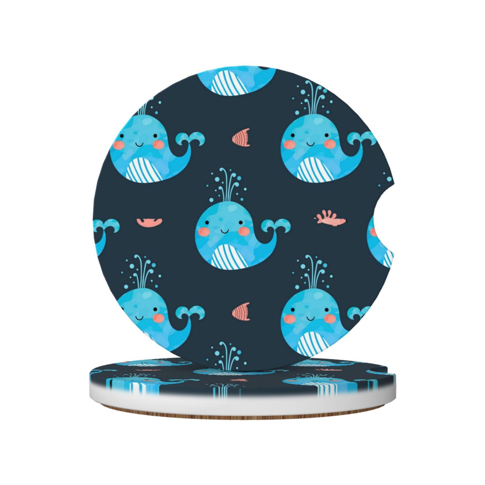 Cute Whales And Fishes, Car Cup Holder Coasters 2 Pack, Absorbent Ceramic Car Coasters with Non Slip Cork Base