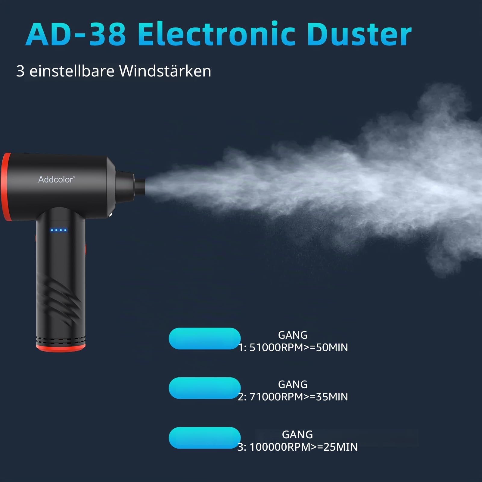 Elektrische Staubgebläse, 3-Gang 100000 U/min Compressed Air Duster Mit LED-Licht, Wiederaufladbar Druckluftspray mit 6000mAh Akku, PC Reinigungsset für Tastatur, Auto, Sofa