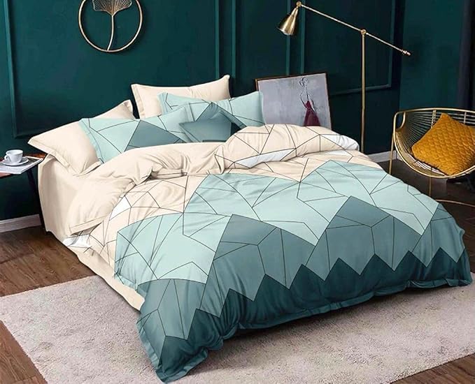 NEW LEAF 220 GSM TC All-Season Printed Super Soft Light Weight Cotton Comforter Set with 1 Bedsheet 2 Pillow Covers (Double Twin Size, Blue, Orange) - 4 Pieces