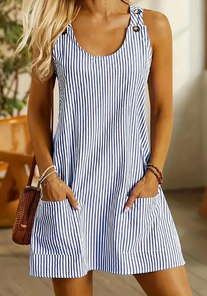 Vestidos de Verano a Rayas para Mujer, Vestido Informal de Tirantes con Cuello Redondo y Botones, Corte A, sin Mangas y Bolsillos