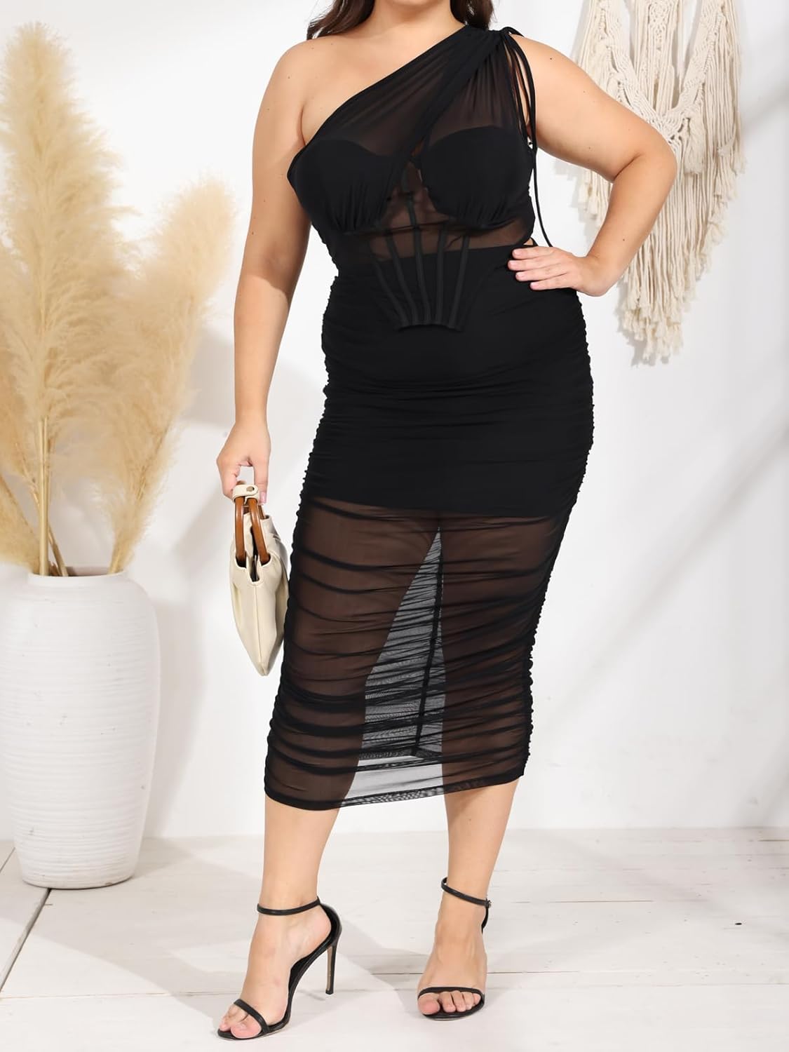 2 Piece Dress Sets for Women Mesh Patchwork Corset High Waist Bodycon Ruched Long Set Club Night Out Dresses - Image 4